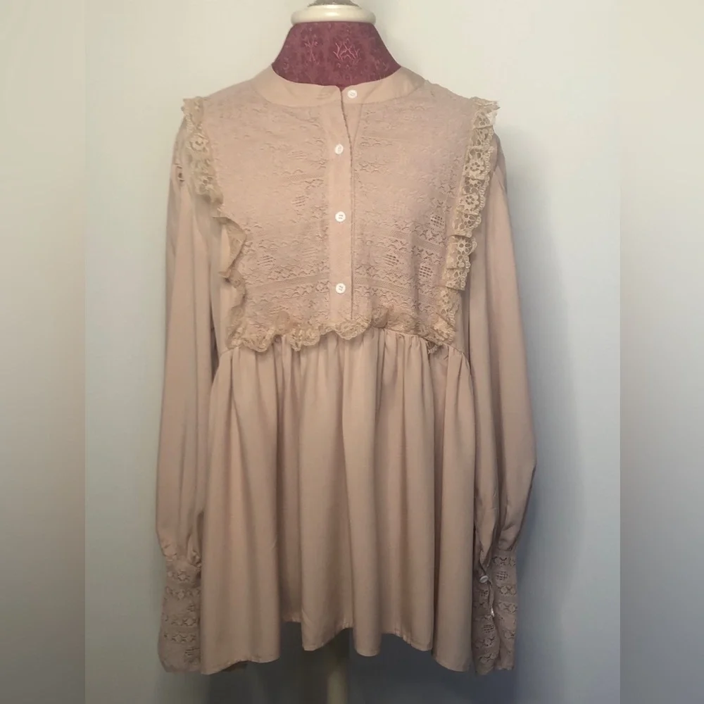 Sheilay long sleeve ruffle lace Bohemian prairie peasant top Tan Plus size 3X - Picture 3 of 13